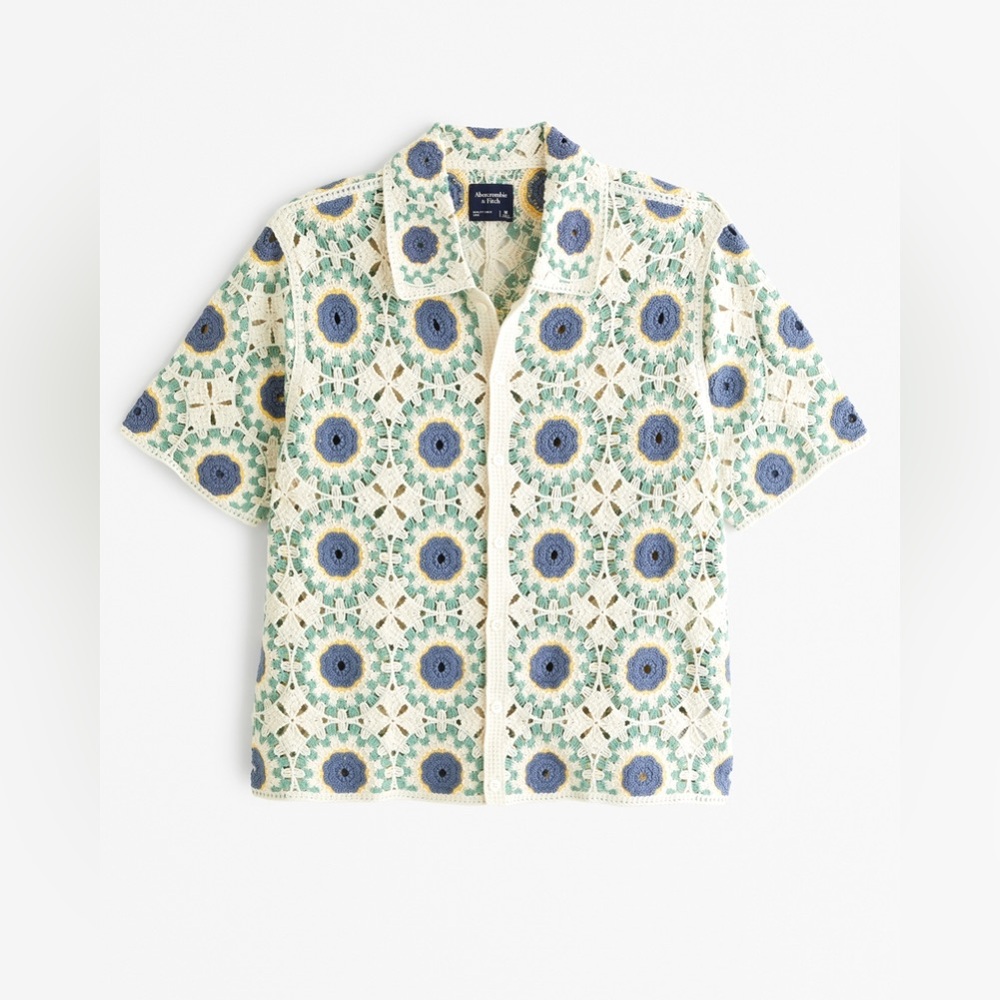 Abercrombie & Fitch Crochet-Style Floral Button-Through Sweater Polo Men’s Med